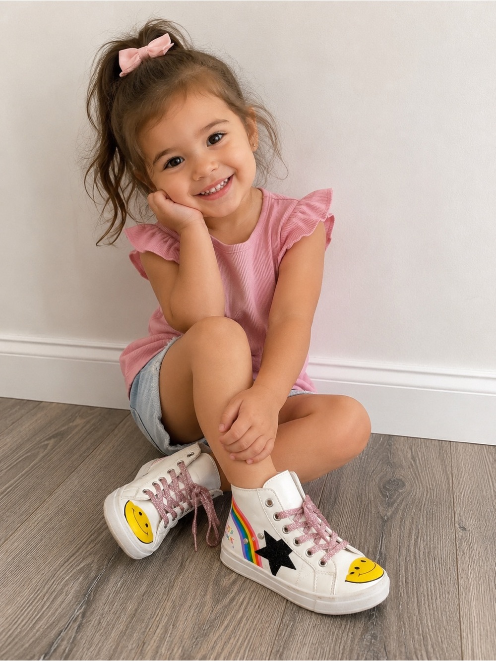 • Lola + The Boys • White High-Top Sneakers with Rainbow, Smiley & Black Star 8